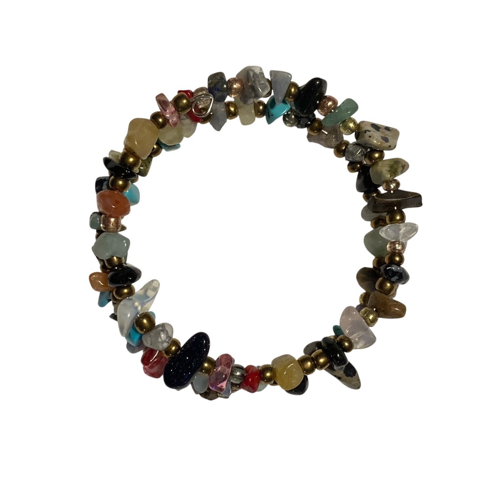 Boho Multi Strand Mixed Natural Stone Chip Memory Wire Wrap Bracelet Gold‎ Tone